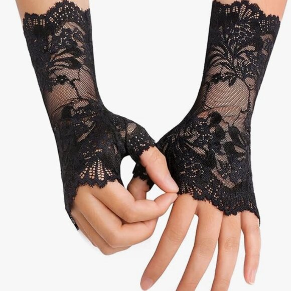 Two Pack of Short Fingerless Lace Gloves, Black and White - Picture 3 of 4